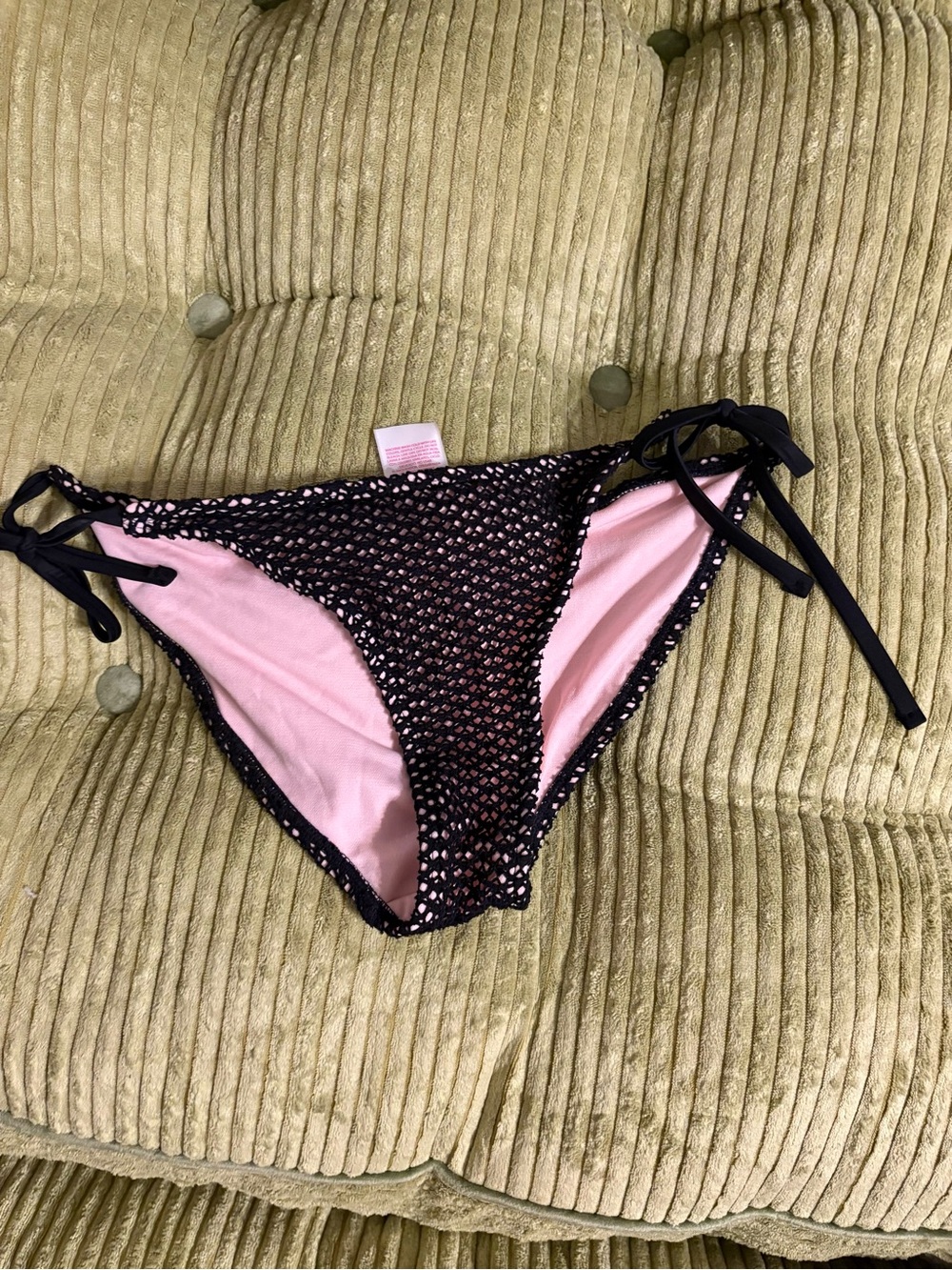 No Boundaries Black Crochet Tie-Side Bikini Bottom with Pink Lining